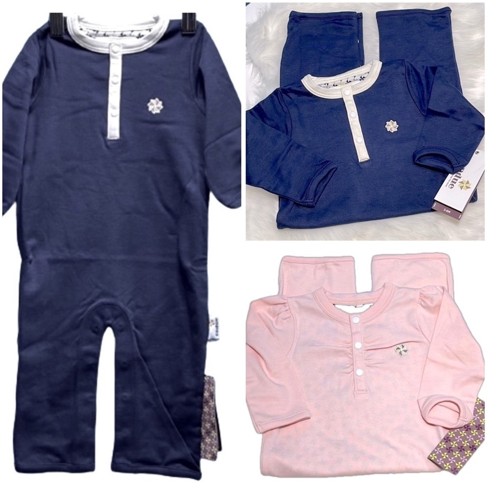4 New Organic Pima Cotton Designer Endue Boutique Baby Rompers Pink Blue 3-6M